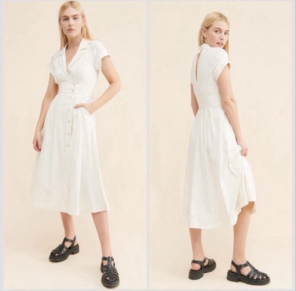 Anthropologie Maeve Ivory Poplin Short Sleeve MIDI Shirt Dress Size 8 Cutout F18